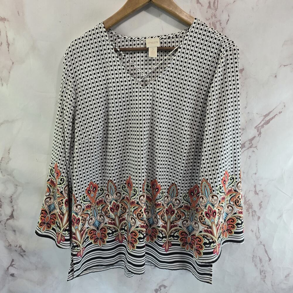 Chicos Shirt Womens Large 2 Black White Dot Blouse V Cover Up Crossover Criss
